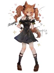 Rule 34 | 1girl, :&lt;, absurdres, ambience synesthesia, angelina (ambience synesthesia 2021) (arknights), angelina (arknights), animal ears, arknights, bare shoulders, black bow, black dress, black socks, black wrist cuffs, blush, bow, bowtie, brown shoes, chinese commentary, commentary request, dress, drill hair, fox ears, fox girl, full body, hand on own hip, heart, highres, kneehighs, loafers, long hair, looking at viewer, off-shoulder dress, off shoulder, official alternate costume, pigeon-toed, sample watermark, shoes, short dress, sidelocks, simple background, socks, solo, star (sky), tongpupu581, twin drills, watermark, white background, wrist cuffs