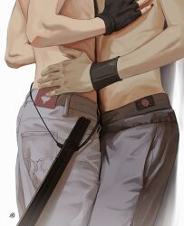 2boys arm_wrap ass face-to-face fingerless_gloves gloves hand_on_another&#039;s_waist highres lower_body male_focus multiple_boys naruto_(classic) naruto_(series) pants skinny tamelee toned toned_male topless_male uchiha_sasuke uchiha_symbol uzumaki_naruto uzumaki_symbol yaoi