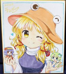 3girls ;q absurdres blonde_hair blue_eyes blue_skirt brown_hat commentary_request dated frog_hair_ornament green_hair hair_ornament hair_ribbon hat heart highres holding holding_mini_person in_palm kochiya_sanae long_hair long_sleeves looking_at_viewer mini_person minigirl moriya_suwako multiple_girls one_eye_closed purple_hair purple_vest ramudia_(lamyun) red_hair red_ribbon ribbon shirt short_hair signature skirt tongue tongue_out touhou traditional_media tress_ribbon upper_body vest waving white_shirt yasaka_kanako yellow_eyes