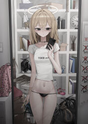 1girl ashal_(mansu) bag bikini bikini_bottom_only blonde_hair bookshelf boxcutter cellphone clock collarbone double-parted_bangs expressionless hair_between_eyes halo highres holding holding_boxcutter holding_phone iphone mansu_(user_pnmp4287) mirror_selfie navel neck_tattoo original phone selfie shirt smartphone solo swimsuit tattoo thigh_gap trash white_shirt