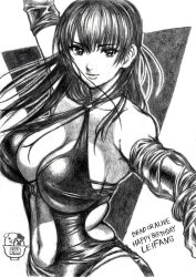 1girl bare_shoulders breasts cleavage dead_or_alive dress large_breasts lei_fang long_hair monochrome skidrow sleeveless