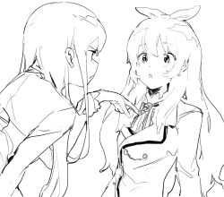 2girls :o aikatsu! aikatsu!_(series) bad_id bad_twitter_id blazer greyscale highres hoshimiya_ichigo inactive_account jacket long_hair long_sleeves looking_at_another monochrome multiple_girls neck_ribbon pointing pointing_at_another ribbon school_uniform shibuki_ran simple_background starlight_academy_school_uniform suiso_(owp) upper_body white_background winter_uniform