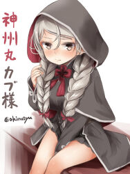 1girl akino_shuu between_legs black_capelet black_dress blush bow braid breasts brown_eyes capelet commentary_request conte_di_cavour_(kancolle) dress feet_out_of_frame grey_hair hair_between_eyes hair_bow hand_between_legs hood hood_up hooded_capelet kantai_collection large_breasts low_twintails nose_blush red_bow simple_background sitting solo translation_request twin_braids twintails twitter_username white_background