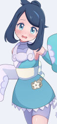 Rule 34 | 1girl, alternate costume, bare shoulders, black hair, blue eyes, blush, commentary request, cosplay, covered collarbone, cowboy shot, detached sleeves, dress, hair bun, highres, iono (pokemon), iono (pokemon) (cosplay), iono (sygna suit) (pokemon), liko (pokemon), looking at viewer, melili, nintendo, open mouth, pokemon, pokemon (anime), pokemon horizons, sash, sidelocks, simple background, solo, star (symbol), star print, sweatdrop, swept bangs, white sash