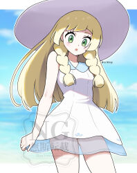 1girl :o absurdres blonde_hair blurry blurry_background cloud collared_dress day dress eyelashes green_eyes hat highres lillie_(pokemon) long_hair looking_down nintendo open_mouth outdoors pokemon pokemon_sm rurihikop sky sleeveless sleeveless_dress solo sun_hat sundress twitter_username watermark white_dress