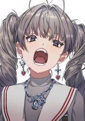 1girl absurdres antenna_hair brown_eyes brown_hair chain chain_necklace commentary earrings fangs furon_(froon) grey_shirt heart heart_earrings highres jewelry necklace open_mouth original sailor_collar shirt simple_background twintails upper_body white_background