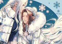 1boy 1girl aerith_gainsborough aerith_gainsborough_(fairy_of_snowfall) black_wetsuit blue_background breasts closed_eyes coat couple dated dress final_fantasy final_fantasy_vii final_fantasy_vii_ever_crisis fur-trimmed_coat fur_trim grey_hair hair_ribbon hat hetero highres kay-i kissing_hair knit_dress leaning_forward long_bangs long_hair medium_breasts official_alternate_costume parted_bangs parted_lips pom_pom_hat_ornament red_ribbon ribbon sephiroth sephiroth_(natant_jacket) sidelocks smile snowflakes twitter_username upper_body wavy_hair white_coat white_dress white_fur white_hat winter_clothes winter_coat