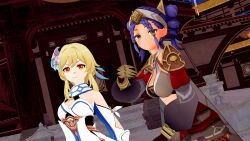 battle genshin_impact highres jeht_(genshin_impact) liyue_harbor lumine_(genshin_impact) lumineyuri ship teamwork watercraft yuri