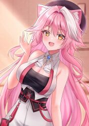 1girl absurdres animal_ear_fluff animal_ears ascot beret bibixart black_tube_top blush breasts cleavage fang hand_up hat highres hololive hololive_english large_breasts long_hair looking_at_viewer multicolored_hair open_mouth panther_ears panther_girl pink_hair raora_panthera raora_panthera_(1st_costume) smile solo strapless streaked_hair tube_top underbust very_long_hair vest virtual_youtuber white_ascot white_hair white_vest yellow_eyes