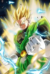 1boy aura blonde_hair dragon_ball green_eyes lightning muscular muscular_male official_art powering_up serious solo son_gohan spiked_hair super_saiyan super_saiyan_2