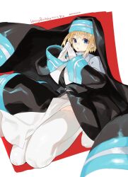 1girl armor black_robe blonde_hair blue_eyes capelet en&#039;en_no_shouboutai full_body happy_birthday highres iris_(en&#039;en_no_shouboutai) kneeling looking_at_viewer meameeea nun own_hands_together parted_lips praying robe short_hair shoulder_armor solo thighhighs veil white_capelet white_thighhighs