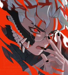 1boy black_nails commentary_request dandadan facial_mark glasses highres korean_commentary looking_at_viewer male_focus mask mouth_mask multicolored_hair open_mouth red_eyes red_hair round_eyewear short_hair solo takakura_ken_(dandadan) takakura_ken_(transformed)_(dandadan) teeth transformation two-tone_hair upper_body white_hair wolf6481