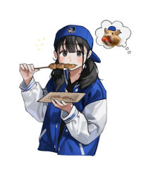 1girl backwards_hat baseball_cap black_eyes black_hair blue_hat blush cropped_torso eating food hamster hat holding holding_plate jacket long_hair long_sleeves looking_at_viewer original plate rinotuna skewer solo speech_bubble thought_bubble upper_body