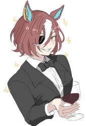 Rule 34 | 1girl, alcohol, animal ears, black bow, black bowtie, black jacket, bow, bowtie, brown hair, commentary request, cup, drinking glass, ear ornament, eyepatch, grin, hair between eyes, highres, holding, holding cup, horse ears, horse girl, jacket, long sleeves, miya nns35, multicolored hair, open clothes, open jacket, short hair, simple background, smile, solo, sparkle, streaked hair, tanino gimlet (umamusume), traditional bowtie, umamusume, upper body, white background, white hair, wine, wine glass, yellow eyes