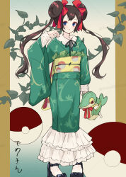1girl absurdres blue_eyes bow breasts brown_hair demekin2333 double_bun gen_5_pokemon green_kimono hair_bow hair_bun hair_ornament highres japanese_clothes kimono long_hair long_sleeves looking_at_viewer nintendo obi poke_ball poke_ball_(basic) pokemon pokemon_(creature) pokemon_bw2 red_bow rosa_(pokemon) sash snivy twintails