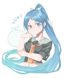 1girl az_toride blue_eyes blue_hair cosplay food fruit highres kantai_collection long_hair looking_at_viewer melon ponytail samidare_(kancolle) simple_background smile solo very_long_hair yuubari_(kancolle) yuubari_(kancolle)_(cosplay) yuubari_kai_ni_(kancolle) yuubari_kai_ni_(kancolle)_(cosplay)