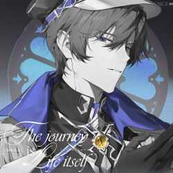 1boy absurdres blue_background blue_eyes character_name chinese_commentary clarence_clayden clarence_clayden_(infinite_empire) closed_mouth collared_cape english_text epaulettes eye_symbol food gem gloves greyscale_with_colored_background hair_between_eyes hand_up hat heterochromia highres ju_hua_wu_huafei looking_at_viewer lovebrush_chronicles male_focus military_hat military_uniform mole mole_under_eye parted_lips peaked_cap shirt short_hair sideways_glance solo spot_color steamed_bun three_quarter_view yellow_eyes yellow_gemstone