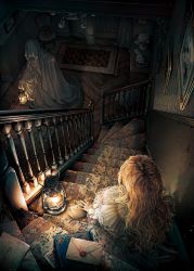 1girl 1other blonde_hair book carpet chair desk_lamp dress highres holding holding_lantern hooded_robe indoors kobone_awaki lamp lantern letter light_particles long_hair original painting_(object) railing robe sitting sitting_on_stairs stairs wavy_hair wax_seal wooden_floor