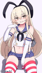 1girl anchor_hair_ornament black_hairband black_neckerchief black_panties blonde_hair blue_sailor_collar blue_skirt crop_top elbow_gloves gloves grey_eyes hair_ornament hairband highleg highleg_panties highres kantai_collection long_hair looking_at_viewer microskirt miniskirt neckerchief panties parted_lips pleated_skirt sailor_collar shimakaze_(kancolle) shirt simple_background sitting skirt sleeveless sleeveless_shirt solo striped_clothes striped_thighhighs thighhighs tsukimoto_reiji twitter_username underwear white_background white_gloves
