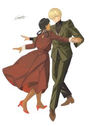 1boy 1girl artist_name black_hair black_shirt blonde_hair blue_eyes commentary dancing dark-skinned_female dark_skin dated dress english_commentary full_body green_eyes green_jacket gundam gundam_gquuuuuux hair_over_one_eye hair_rings highres holding_hands jacket lalah_sune long_sleeves netube pants shirouzu_(gundam) shirt shoes short_hair simple_background smile standing turtleneck white_background