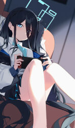 1girl absurdres aqua_necktie aris_(blue_archive) black_hair blue_archive blue_eyes blue_halo hair_between_eyes halo handheld_game_console highres holding holding_handheld_game_console legs loli long_hair necktie nintendo_switch shirt sitting solo thighs wako_(1194433260) white_shirt