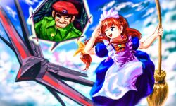 Rule 34 | 1boy, 1girl, aircraft, apron, black hair, blue dress, blue eyes, bow, bowtie, broom, commentary, dress, eyepatch, gates (seihou), green brooch, green shirt, kioh gyoku, long hair, low ponytail, maid apron, maid headdress, one eye closed, ponytail, red bow, red bowtie, red hair, red headwear, seihou, shirt, shuusou gyoku, sky, smile, ufo no 11, vivit, yellow bow