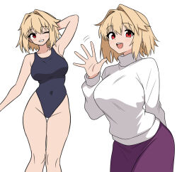 1girl 64vii :d absurdres arcueid_brunestud arm_up blue_one-piece_swimsuit blush breasts commentary english_commentary feet_out_of_frame grin hand_up highres large_breasts long_sleeves looking_at_viewer multiple_views one-piece_swimsuit one_eye_closed open_mouth purple_skirt red_eyes short_hair simple_background skirt smile standing sweater swimsuit teeth tsukihime turtleneck upper_teeth_only waving white_background white_sweater