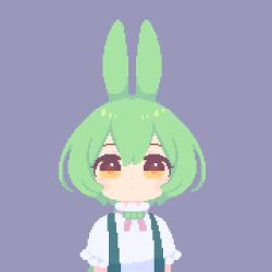 1girl animated animated_gif arms_at_sides blinking blush_stickers brooch closed_mouth dot_mouth green_hair grey_background jewelry long_hair looking_at_viewer looping_animation low_ponytail miyuto neck_ribbon no_sclera pink_ribbon pixel_art ponytail ribbon shirt short_sleeves simple_background solo suspenders voicevox white_shirt yellow_eyes zundamon