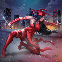 1girl bandana black_hair city cloud douglas_bicalho dual_wielding elektra_natchios embers holding holding_weapon long_hair marvel night on_one_knee outdoors red_bandana red_thighhighs sai_(weapon) signature solo thighhighs weapon