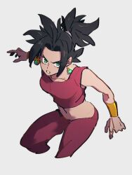Rule 34 | 1girl, black hair, dragon ball, dragon ball super, earrings, grey background, jewelry, kefla (dragon ball), kemachiku, looking at viewer, midriff, potara earrings, saiyan, short hair, simple background, solo