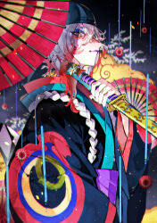 1boy absurdres back_bow bandana black_background black_bandana bow closed_mouth commentary_request cowboy_shot from_side gekijouban_mononoke hair_between_eyes hand_fan highres holding holding_sword holding_weapon japanese_clothes kimono kusuriuri_(gekijouban_mononoke) layered_clothes long_sleeves looking_at_viewer looking_to_the_side makeup male_focus mononoke mura_karuki obi ornate_weapon paper_fan patterned_clothing profile purple_lips rain red_fan red_umbrella rope sash sideways_glance solo sword sword_of_exorcism umbrella weapon white_hair wide_sleeves xiangyun yellow_clouds yellow_eyes