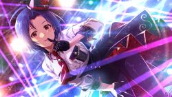 1girl black_gloves blue_hair forehead game_cg gloves hat idol_clothes idolmaster idolmaster_million_live! idolmaster_million_live!_theater_days mini_hat miura_azusa necktie official_art open_mouth pants red_eyes solo stage_lights