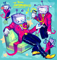 2boys absurdres anger_vein ant_tenna black_hair black_pants blush_stickers clenched_hand commentary couch crt deltarune english_commentary english_text gloves highres male_focus miikpal multiple_boys multiple_views necktie object_head on_couch pants pointy_nose shoes size_difference small_sweatdrop spamton_g._spamton star_(symbol) sweatdrop tailcoat white_gloves yellow_necktie yellow_shoes