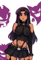 absurdres alternate_costume bare_shoulders belt belt_collar black_gloves black_lips black_skirt black_thighhighs blackfire breasts choker collar crossover dark-skinned_female dark_skin dc_comics detached_sleeves facial_tattoo garter_straps gastly gen_1_pokemon gengar gloves goth_fashion haunter highres jewelry lipstick long_hair looking_at_viewer makeup miniskirt navel necklace nintendo pokemon pubic_tattoo purple_eyes redpostit simple_background skirt tattoo teen_titans thighhighs thighs white_background zettai_ryouiki