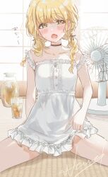 1girl :o absurdres black_choker blonde_hair blush bottle braid choker collarbone commentary_request cup dress drink electric_fan fang fujita_kotone gakuen_idolmaster highres idolmaster indoors long_hair looking_at_viewer signature sitting skin_fang sleeveless sleeveless_dress solo spread_legs sweat tatami thighs twin_braids wano_(azayakam) white_dress yellow_eyes