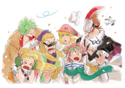 2girls 4boys bird blonde_hair blue_eyes blush brown_coat brown_hair coat coat_on_shoulders epaulettes fur_coat fur_trim gloves goggles green_gloves green_hair green_scarf headband headphones heart helmeppo hibari_(one_piece) highres koby_(one_piece) kujaku_(one_piece) long_hair marine_uniform_(one_piece) mocchi_(mkz) multiple_boys multiple_girls one_piece open_clothes open_mouth pink_hair prince_grus purple_gloves red_gloves scarf seagull short_hair sunglasses sweatdrop teeth wind x_drake