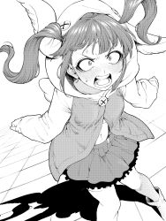 1girl absurdres angry bird_wings bleach bleach:_sennen_kessen-hen blush boots commentary_request dokugamine_riruka ear_blush embarrassed eyelashes fake_wings feet_out_of_frame floating_hair frilled_skirt frills full-face_blush greyscale highres hood hood_up hoodie long_hair long_sleeves looking_at_viewer miniskirt monochrome morimoto_atsushi navel open_mouth pleated_skirt screaming shadow skirt solo standing sweatdrop teeth thighhighs tsurime twintails v-shaped_eyebrows wide-eyed wings zettai_ryouiki