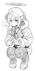 1girl absurdres blue_archive commentary_request ddal full_body halo hare_(blue_archive) hare_(camp)_(blue_archive) hat highres hood hood_down hooded_coat looking_at_viewer own_hands_together parted_lips peaked_cap scarf shoes simple_background sketch sneakers solo squatting white_background