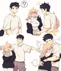 1boy 1girl ? ahoge black_hair blue_eyes blush body_freckles breasts cleavage colo_(nagrolaz) crying face_to_breasts freckles glasses highres hug kyler_(sweethex) large_breasts long_hair no_pupils orange_hair red-framed_eyewear rita_(sweethex) shirt short_hair smile spoken_question_mark sweethex