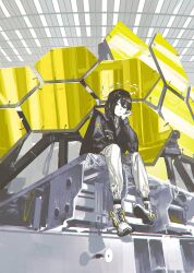 Rule 34 | 1boy, absurdres, black eyes, black hair, black jacket, collared shirt, hair between eyes, head rest, highres, jacket, male focus, open clothes, open jacket, original, pants, scenery, shirt, shoes, short hair, sitting, solo, sorrowny, white pants, white shirt, white shoes