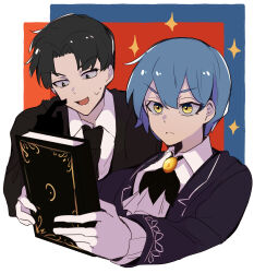 Rule 34 | 1boy, 1girl, angela (project moon), ascot, black eyes, black gloves, black hair, black jacket, black necktie, blue background, blue hair, book, closed mouth, collared shirt, frilled sleeves, frills, frown, gloves, highres, jacket, library of ruina, long sleeves, looking at object, multicolored background, nakame77, necktie, project moon, purple jacket, red background, roland (project moon), scratching cheek, shirt, short hair, simple background, sparkle, sweat, upper body, v-shaped eyebrows, white ascot, white background, white gloves, white shirt, wing collar, yellow eyes