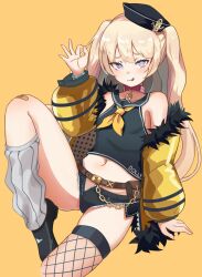 1girl :3 azur_lane bache_(azur_lane) belt_collar black_hat black_shirt black_shoes black_shorts blonde_hair breasts collar fishnet_thighhighs fishnets fur-trimmed_jacket fur_trim hat higashigure highres jacket long_hair looking_at_viewer loose_socks navel pink_collar purple_eyes shirt shoes short_shorts shorts sleeveless sleeveless_shirt small_breasts smile socks solo thighhighs tongue tongue_out twintails very_long_hair white_socks yellow_jacket