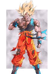 Rule 34 | battle damage, blonde hair, blood, blood from mouth, blue boots, blue shirt, boots, border, dragon ball, dragonball z, full body, green eyes, grey background, highres, male focus, medium hair, muscular, muscular male, orange pants, pants, pato007711, pointing, pointing at self, shirt, son goku, spiked hair, super saiyan, super saiyan 1, thumbs up, torn clothes, torn pants, torn shirt, white border