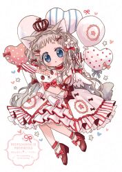 Rule 34 | 1girl, absurdres, animal ears, balloon, blonde hair, blue eyes, bow, braid, cat ears, cat girl, cat tail, chiko (star pocco), commentary request, crown, crown braid, dress, fashion, frilled dress, frills, heart balloon, highres, holding, holding stuffed toy, lolita fashion, long hair, looking at viewer, original, polka dot, polka dot bow, red bow, red shoes, ribbon, shoes, simple background, solo, stuffed animal, stuffed rabbit, stuffed toy, sweet lolita, tail, very long hair, white background, white dress