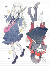 2girls absurdres bang_dream! bang_dream!_it&#039;s_mygo!!!!! black_hair black_serafuku black_shirt black_shoes black_skirt black_socks blue_choker blue_dress brown_shoes choker commentary crossover dress electric_guitar enpera frilled_choker frills guitar hair_ornament hairclip highres holding holding_plectrum instrument kagerou_project kneehighs long_hair long_sleeves multiple_girls neckerchief pleated_skirt plectrum red_scarf reiboubyou sailor_collar scarf school_uniform serafuku shirt shoes skirt socks tateyama_ayano unmoving_pattern wakaba_mutsumi white_neckerchief white_sailor_collar white_socks yellow_eyes