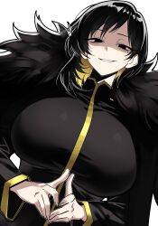 1girl absurdres binah_(project_moon) black_dress black_eyes black_hair blonde_hair coat colored_inner_hair dress highres lobotomy_corporation long_sleeves looking_at_viewer mole mole_under_eye multicolored_hair own_hands_together project_moon short_hair simple_background smile smug solo vvernerluniq white_background