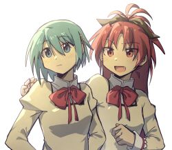 2girls blue_eyes blue_hair blush bow bowtie brown_jacket fang hair_ornament hairclip highres jacket long_hair mahou_shoujo_madoka_magica mahou_shoujo_madoka_magica_(anime) miki_sayaka mitakihara_school_uniform multiple_girls open_mouth ponytail puffy_sleeves red_bow red_bowtie red_eyes red_hair sakura_kyoko school_uniform short_hair simple_background sorghum39919263 white_background