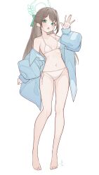 1girl :o absurdres airi_(blue_archive) bare_legs barefoot bikini blue_archive blue_jacket blush breasts collarbone full_body green_eyes groin half_updo halo halterneck hand_up highres jacket jacket_partially_removed long_hair looking_at_viewer navel side-tie_bikini_bottom signature simple_background small_breasts solo stomach string_bikini swimsuit tachibana_shiori_(suica_112) very_long_hair white_background white_bikini
