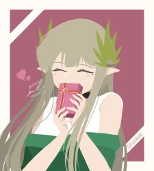 1girl arknights blush box brown_hair closed_eyes collar elf famikaito hair_ornament heart highres leaf_hair_ornament mole mole_under_eye muelsyse_(arknights) pointy_ears simple_background twitter_username valentine