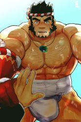 1boy abs bandages bara black_hair blush body_hair bulge chest_hair colored_skin commission cowboy_shot facial_hair forked_eyebrows fundoshi hachimaki hairy hand_grab headband highres japanese_clothes jewelry kouhaku_nawa large_pectorals long_sideburns looking_at_viewer magatama magatama_necklace male_focus male_underwear muscular necklace nejiri_hachimaki nipples pectorals pov red_skin robokeh rope shimenawa short_hair sideburns solo_focus stubble sweat tajikarao_(housamo) thick_thighs thighs tokyo_houkago_summoners topless_male underwear white_male_underwear
